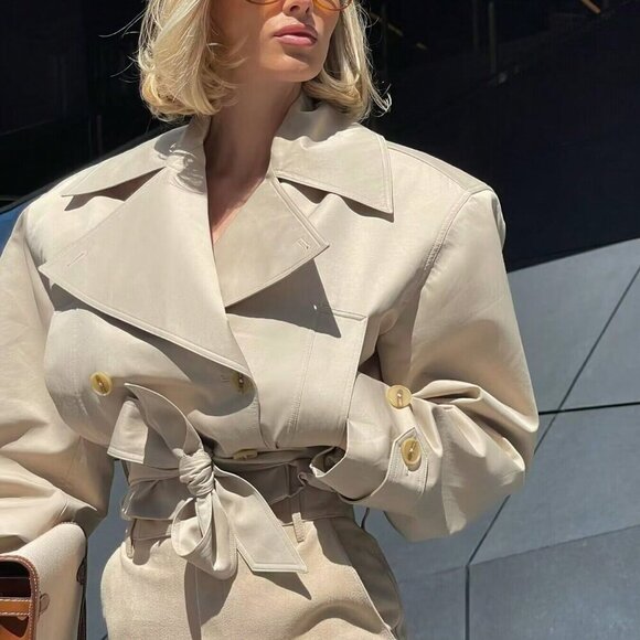 Khaki Casual Women's Cropped Trench Coat With Belt - Picture 4 of 6